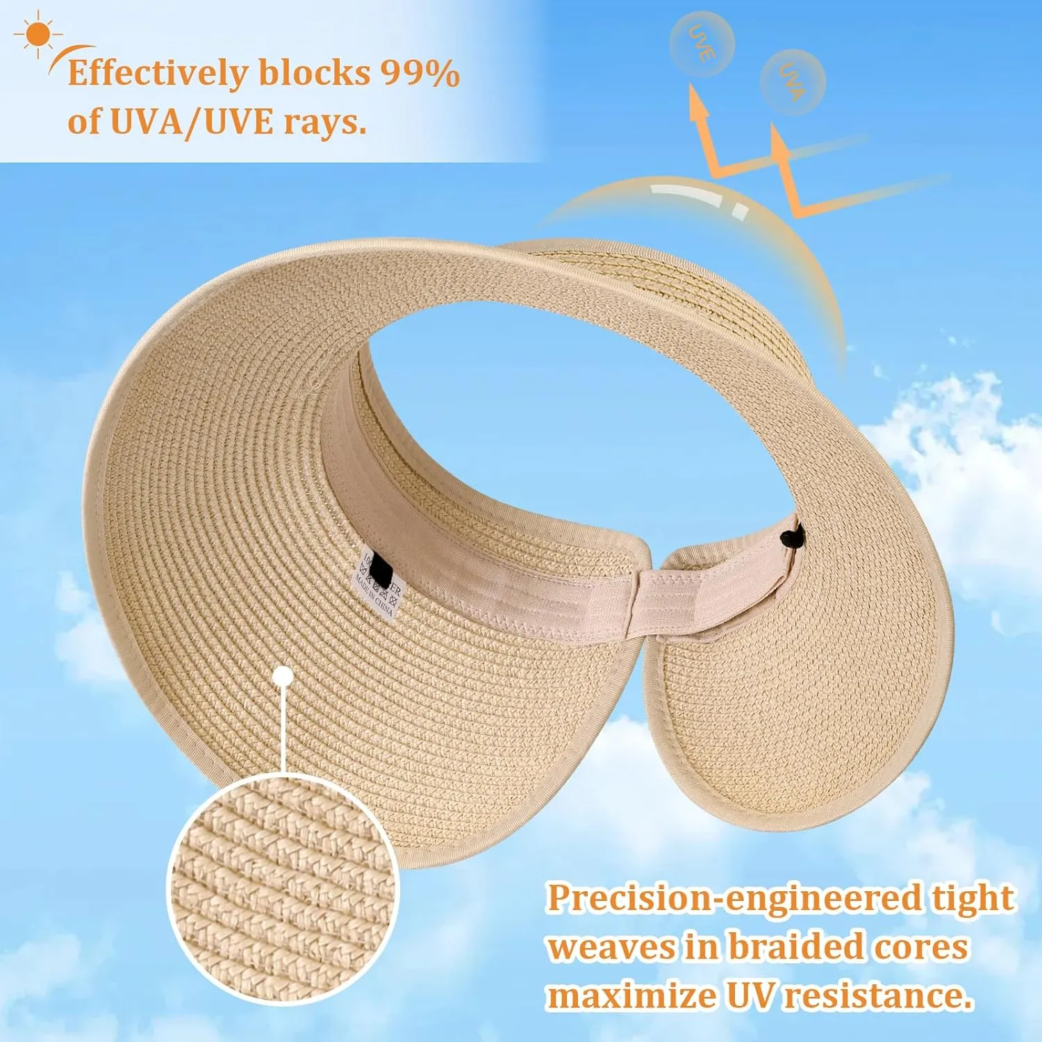 Sun Visor Hats for Women, Summer Packable Straw Beach Hat UV Protection 2025, Women's Ponytail Hat, Foldable Travel