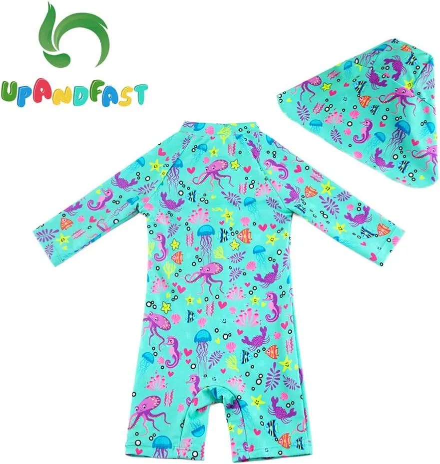 upandfast Baby/Toddler Swimsuit UPF 50  Sun Protection One Piece Zipper Bathing Suit with Sun Hat Infant Beach Swimwear