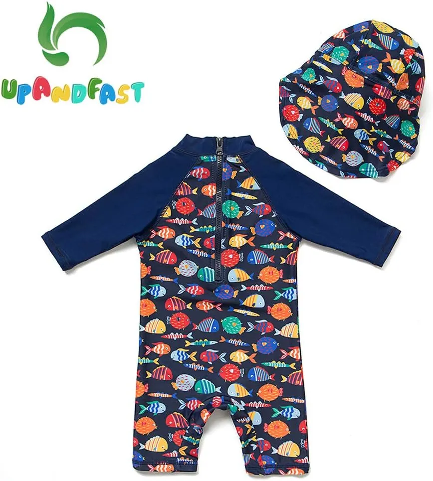 upandfast Baby/Toddler Swimsuit UPF 50  Sun Protection One Piece Zipper Bathing Suit with Sun Hat Infant Beach Swimwear