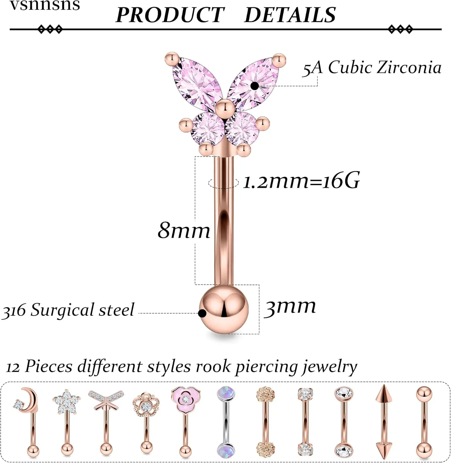 Vsnnsns Rook Daith Piercing Jewelry 16G Stainless Surgical Steel Curved Barbell Eyebrow Rings Vertical Labret Lip Piercing Jewelry Rook Daith Earrings for Women Men 6MM 8MM 10MM Hypoallergenic