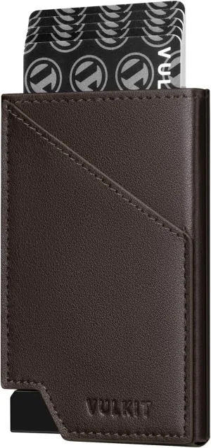 VULKIT Pop up Card Wallet RFID Blocking Slim Aluminum Metal Bank Card Holder Case with Business Money Pocket for Credit Cards Notes and Coins Dark Brown