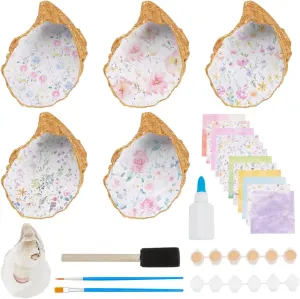 WEBEEDY 5 Sets Colorful Flowers Oyster Shell Ring Dish Kit DIY Summer Shell Dish for Coastal Home Decor,Bathroom Decor,Decorative Tray for Rings Earrings Necklaces Christmas Birthday Gift