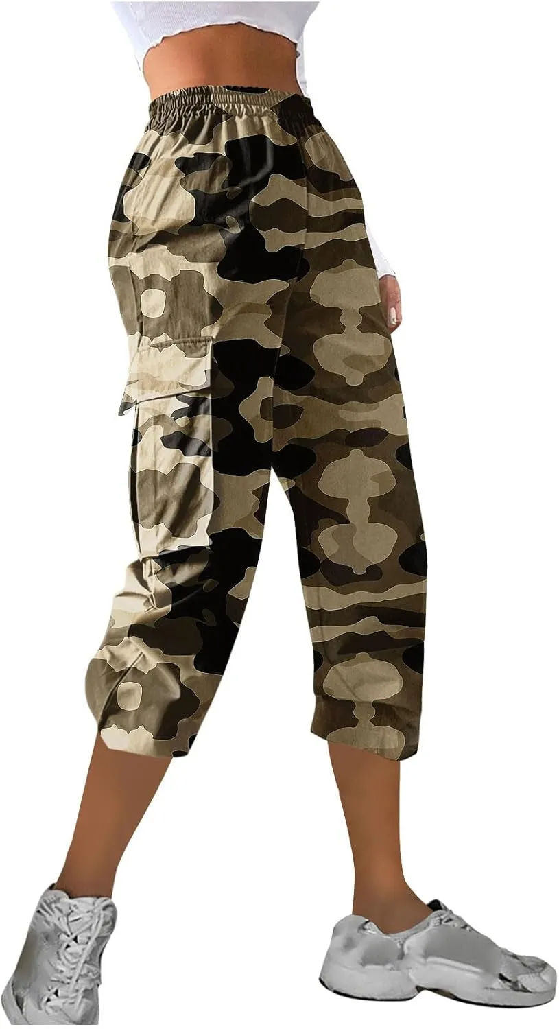 Women's Cargo Capris Hiking Pants Lightweight Outdoor Athletic Travel Casual Loose Fit Camouflage Pants with Pockets