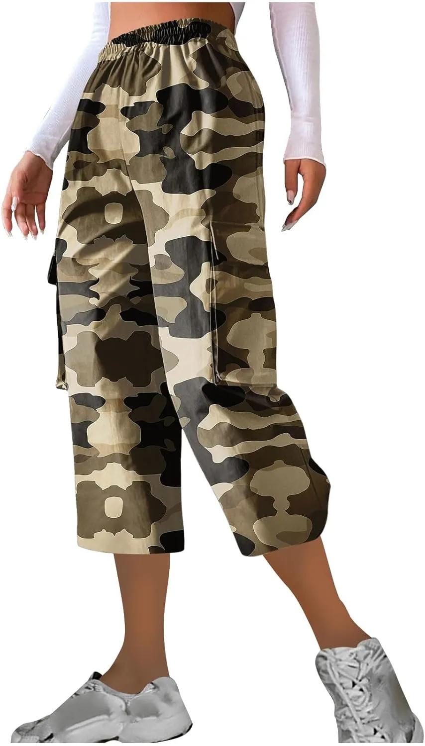 Women's Cargo Capris Hiking Pants Lightweight Outdoor Athletic Travel Casual Loose Fit Camouflage Pants with Pockets