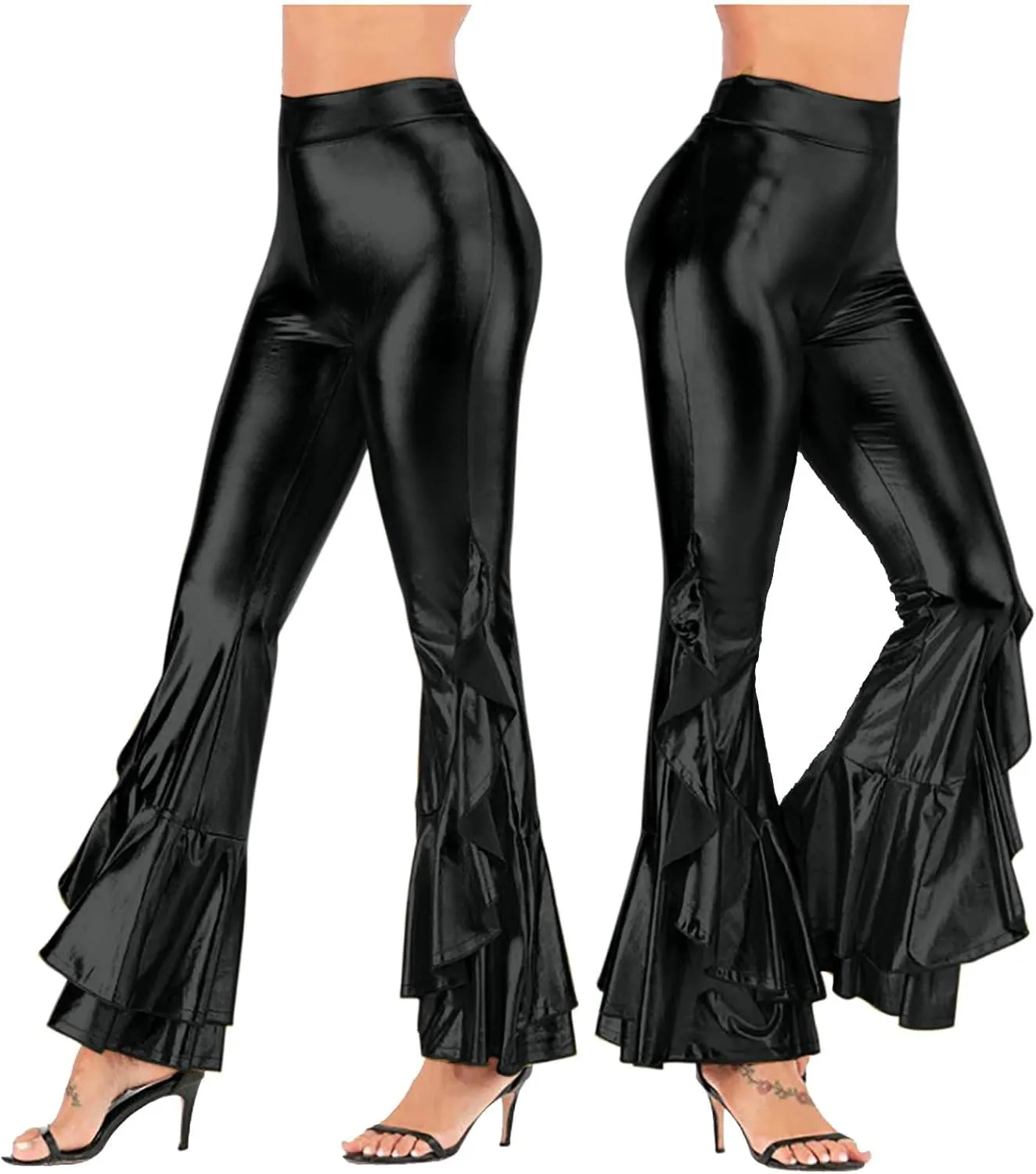 Women's Shiny Metallic Leggings Dressy 70s Vintage High Waisted Bell Bottom Ruffle Flare Dance Palazzo Casual Pants