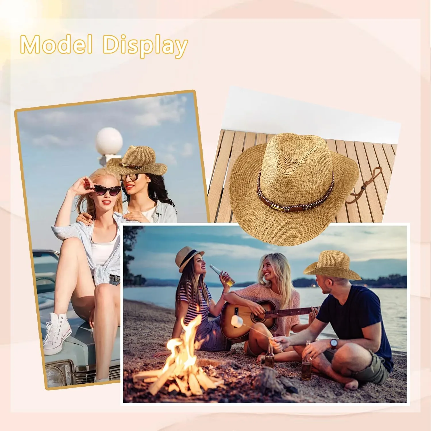 Women's Straw Cowboy Hat Summer Cowgirl Woven Sun Hat, Wide Brim Sparkly Western Cowboy Hat for Beach
