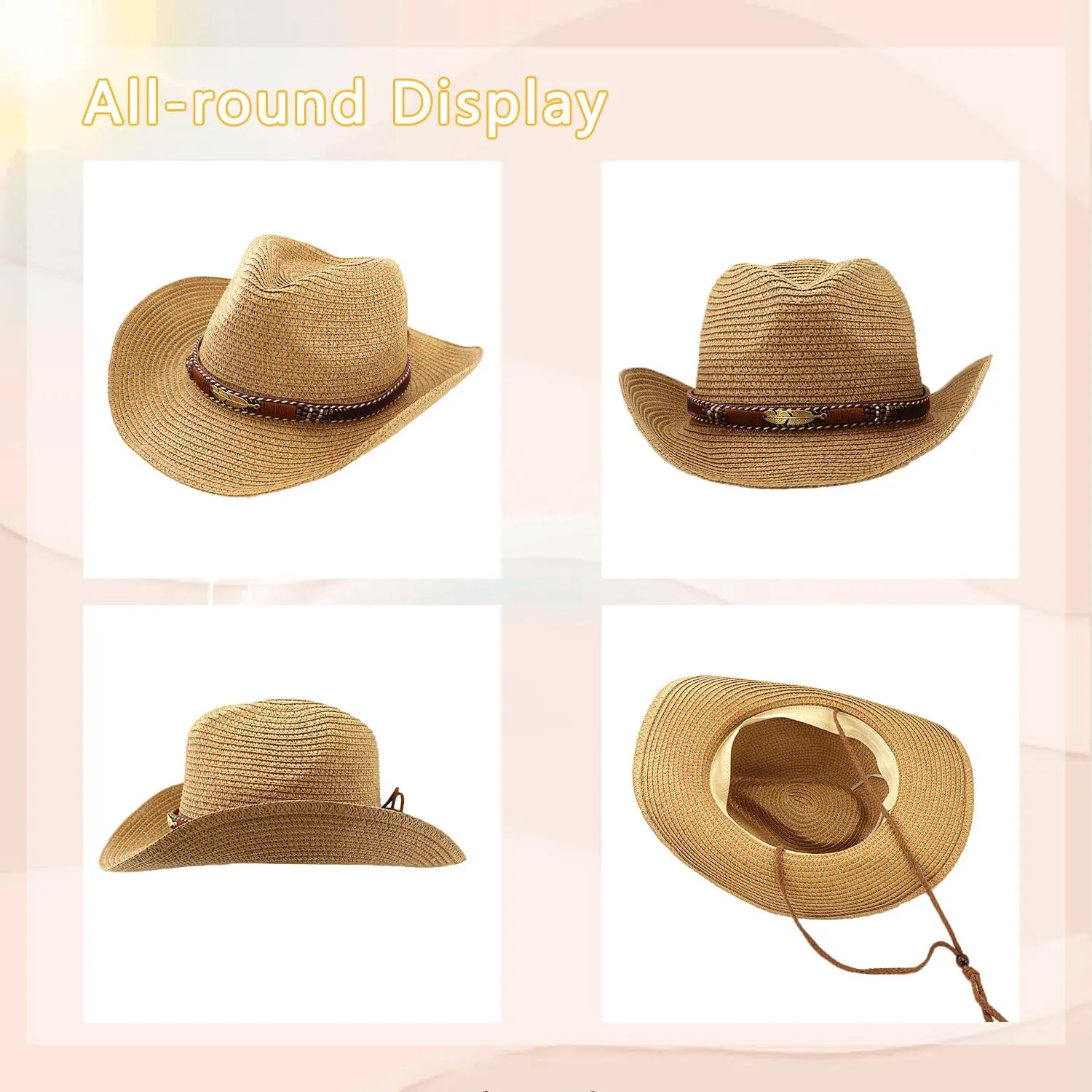 Women's Straw Cowboy Hat Summer Cowgirl Woven Sun Hat, Wide Brim Sparkly Western Cowboy Hat for Beach