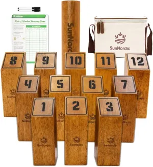 Wooden Throwing Game Set, Numbered Block Toss Games with 1 x Scoreboard,12 x Premium Rubber Wood Pins & 1 x Dowel, Outdoor Backyard Lawn Bowling Yard Game for Kids, Adults & Family