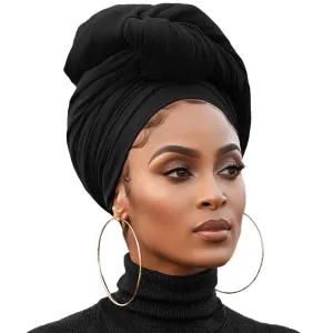 XTREND 1 Piece Stretch Head Wrap Jersey Turban Urban Hairband Scarf Fashion Headband Solid Color Breathable Ultra Soft Extra Long Head Band Tie for Women (Black)