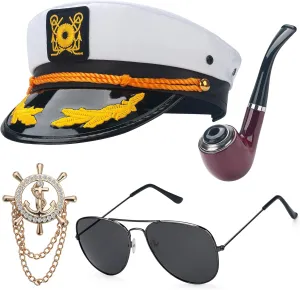 Yacht Captain Hat, Sailor Hat Costume Accessories Set with Navy Scarf and Sunglasses, Nautical Hats for Men Women