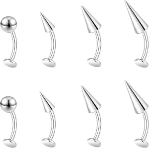 ZS 16G Devil Curved Barbell Lip Ring, Stainless Steel 6/8/10/12mm Long Bar Belly Button Ring, Flat Back Tiger Teeth Vertical Labret Lip Rook Navel Piercing Jewelry